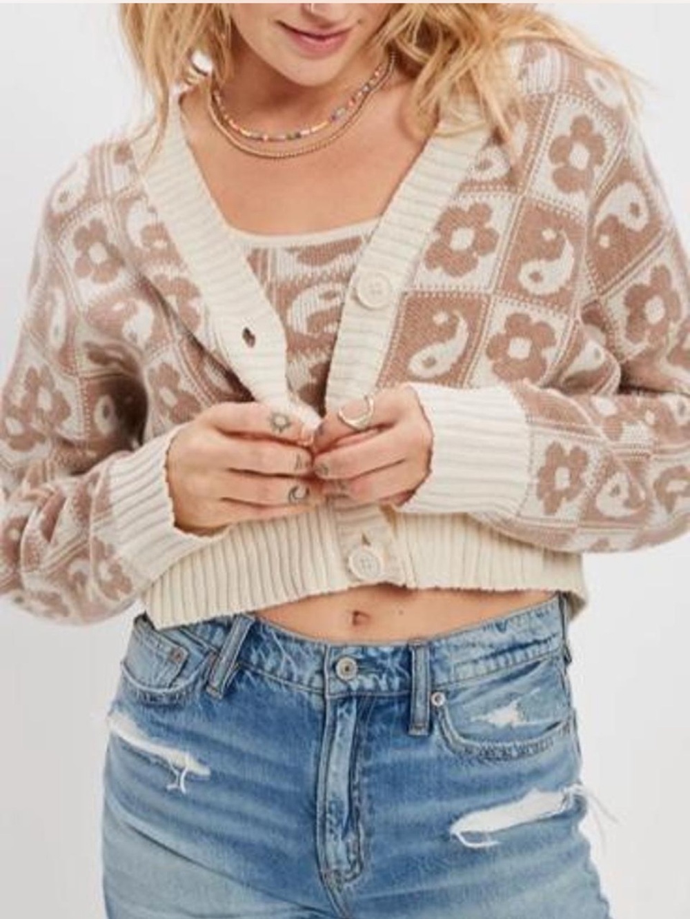 American Eagle Outfitters Yin & Yang Cardigan & Crop Tank | Beige & Cream | M